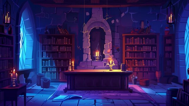 In the medieval alchemist study desk in a castle with wooden bookcase and magician book scene, a cartoon wizard game background is seen against a classroom interior for halloween fairy tale.