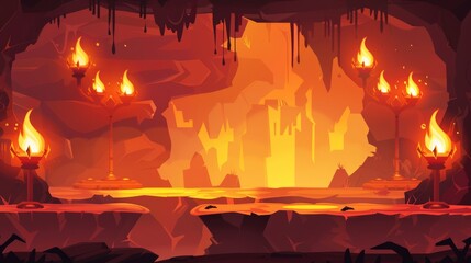 Fire magma and rock inside dungeon hole inferno drawing cartoon illustration. Devil tunnel and molten land river flow in lava cave game background.