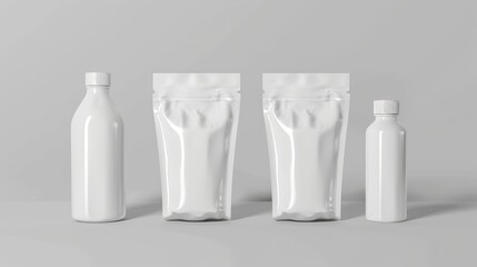 Isolated clear refill sauce or soap stand bottle packet with modern doypack or pouch bag mockup. Plastic pack with cap mockup. 3D white drink juice, liquid food, or detergent container packaging