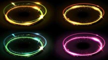 Naklejka premium Halo light effects isolated on transparent background. Modern realistic illustration of neon yellow, green, pink rings glowing in darkness, round energy swirling in cloud of gas.
