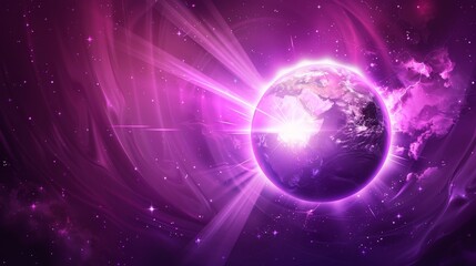 Obraz premium Dark planet with bright light on its horizon. Prehistoric style illustration of mysterious space galaxy in which stars shimmer in purple smoke clouds, and fantasy sunlight shines in the cosmos.