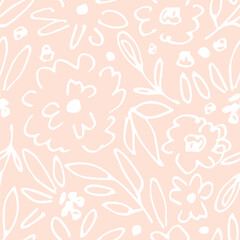 Simple floral vector seamless pattern. White outline of flowers, leaves on a light pink background. For fabric prints, textiles, packaging.