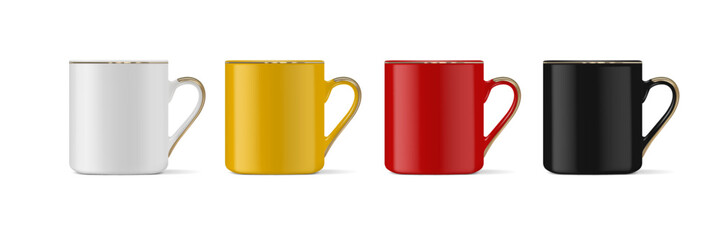 Drink mugs, front view. White, black, red, yellow empty cup isolated. Vector realistic mockup template, layout Isolated on white background. Vector.