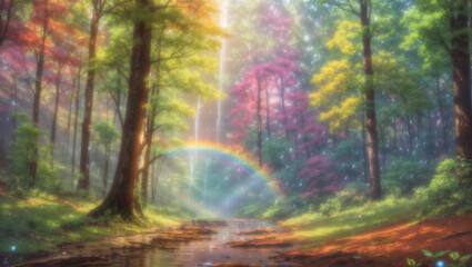 A colorful rainbow arches over a stream in a lush, green forest with sunlight shining through the trees