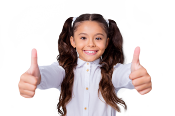Close-up portrait of nice cute tender cheerful positive hispanic stylish small little girl with curly pony-tails in white formal shirt, showing double thumbs-up. Isolated over grey background