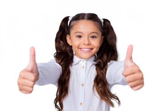 Close-up portrait of nice cute tender cheerful positive hispanic stylish small little girl with curly pony-tails in white formal shirt, showing double thumbs-up. Isolated over grey background