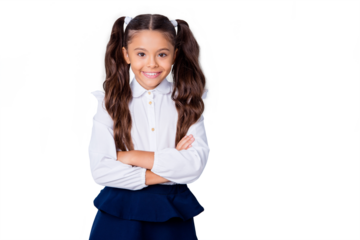 Welcome to first grade! Nice cute tender cheerful positive lovely stylish small little girl with curly pony-tails in white formal blouse and dark blue skirt, folded arms. Isolated over grey background