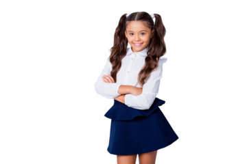 Back to school! Nice cute tender cheerful adorable lovely stylish girl with curly pony-tails in white formal blouse and dark blue skirt, folded arms. Isolated over grey background