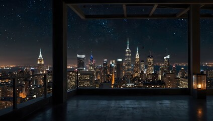 Obraz premium The cityscape from a rooftop, where the skyline stretches endlessly under a starlit canopy ai_generated