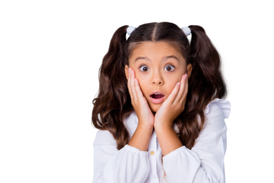 Portrait of nice cute tender adorable lovely stylish girl with curly ponytails in white formal blouse shirt, showing amazement gesture, palms to cheeks. Isolated over grey background