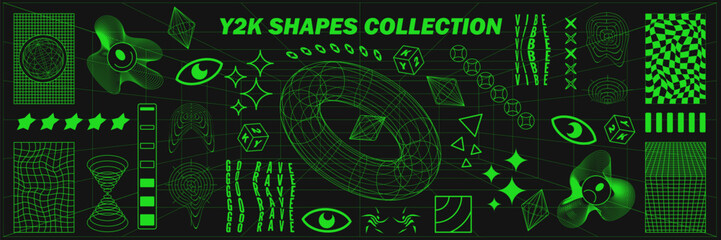 Abstract geometry wireframe shapes and patterns, cyberpunk elements, signs and perspective grids. Surreal geometric retro signs. Rave psychedelic futuristic Y2k acid aesthetic set. Vector illustration