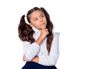 Nice cute dreamy adorable lovely stylish girl with curly pigtails in white formal blouse shirt and...