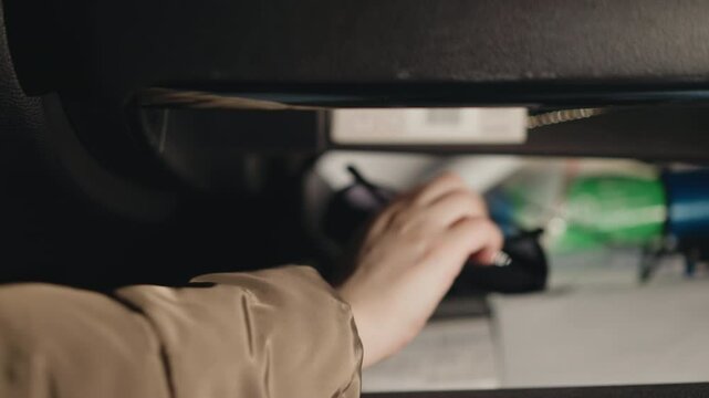A hand opening a car glove compartment and retrieving an eyeglass case. Captured with a handheld camera, the scene emphasizes everyday car interior actions and organization