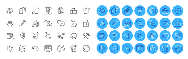 Dots message, Delivery and Bitcoin atm line icons pack. Refresh mail, Alarm clock, Info app web icon. Inventory cart, Online voting, Inspect pictogram. Bitcoin system, Sign out, Cursor. Vector