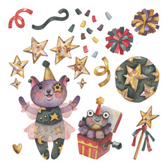Set of elements vintage party characters cat in carnival costume. Hand painted watercolor illustration.
