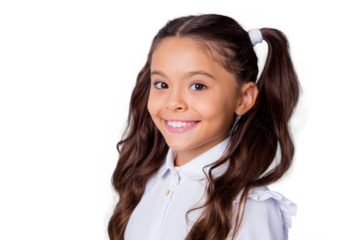 Close-up portrait of nice cheerful dreamy adorable lovely stylish girl with curly ponytails in white blouse shirt. Isolated over grey background