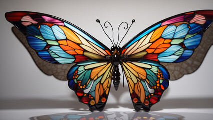 It's a stained glass butterfly, with colorful wings, against a background of blue and yellow stained glass