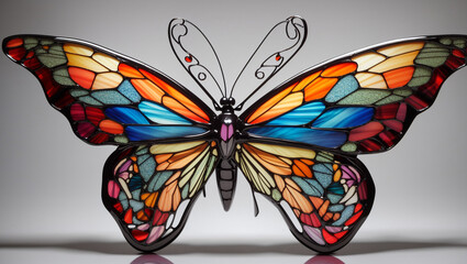 It's a stained glass butterfly, with colorful wings, against a background of blue and yellow stained glass