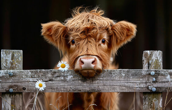 A cow is standing in front of a wooden fence with a daisy in its mouth