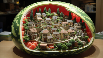 A miniature village is nestled inside a hollowed-out watermelon. There are small houses, trees, and people