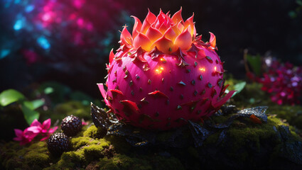 The image shows a large, vibrant, pink dragon fruit with a smaller, unripe one behind it. Both are sitting on a bed of green moss