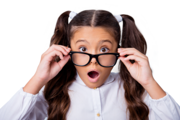 New school year program! Portrait of nice cute adorable lovely little small girl with curly ponytails in white formal blouse shirt, putting glasses down, opened mouth. Isolated over grey background