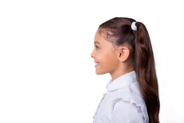Snap shot, profile side view of nice cute cheerful adorable lovely stylish little small girl with curly ponytails in white formal blouse shirt. Isolated over grey background