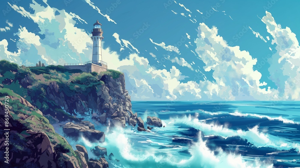 Wall mural A lighthouse is on a rocky cliff overlooking the ocean. Anime background