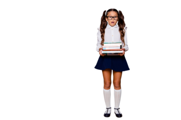 Full size body length of tired nice smart cute small little girl with curly pigtails in white blouse shirt and blue short skirt, carrying heavy book pile. Isolated over black background