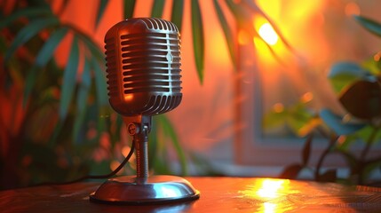 Retro Microphone in Warm Sunset Light - Perfect for Podcasting, Broadcasting, and Audio Recording Themes