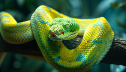 Green Tree Python Coiled on Branch