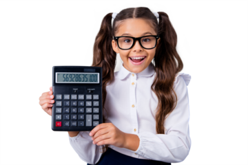 Portrait of funny cute cheerful lovely stylish girl with curly pigtails in white formal blouse shirt, showing numerals, numbers on calc. Isolated over grey background