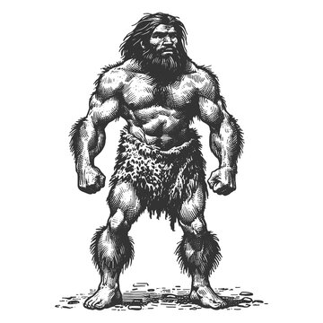 recommend clip art: muscular caveman wearing fur clothing, primitive strength and rugged features sketch engraving generative ai fictional character raster illustration. Scratch board imitation. Black and white image.