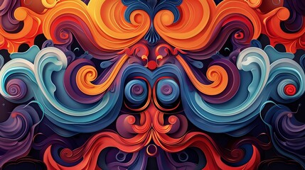 A colorful abstract painting with a blue and orange swirl