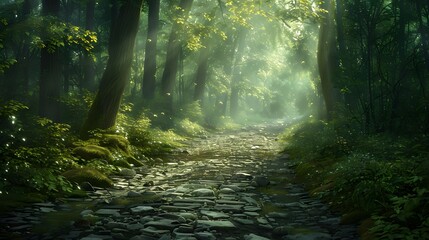 Obraz premium A cobblestone road leading through the forest, bathed in soft sunlight filtering between the trees. The path is lined with tall, dark green foliage and scattered stones, mystery and adventure.