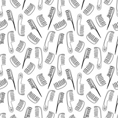 Hairbrush seamless pattern. Outline hair combs ornament. Trendy hair braiding accessory. Cartoon hand drawn line art vector illustration. White background. Cute texture for print design. 