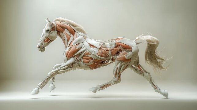 Anatomically detailed illustration of a galloping horse showcasing muscle structure and movement in a dynamic and educational manner