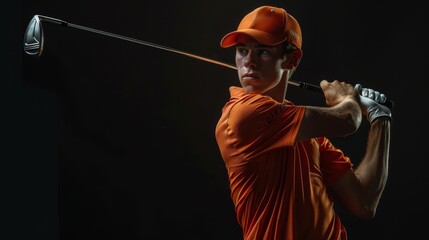 Young man Golf player swinging club golfing in studio shot isolated on black