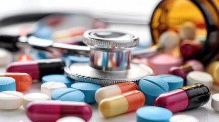 A bottle of pills and a stethoscope on a table