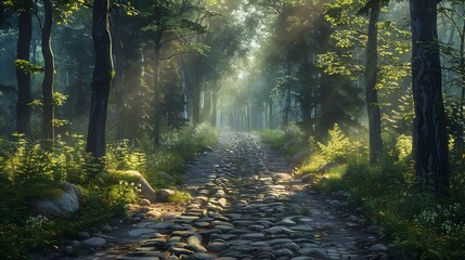 Obraz premium A cobblestone road leading through the forest, bathed in soft sunlight filtering between the trees. The path is lined with tall, dark green foliage and scattered stones, mystery and adventure.