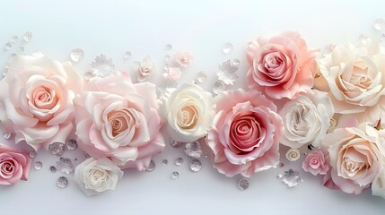 Obraz premium A collection of soft pink and white roses arranged in the lower left corner, adorned with delicate silver sparkles. for elegant event invitations or sophisticated branding purposes.