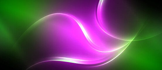 Neon glowing circle rays, light round lines in the dark, planet style neon wave lines. Energetic electric concept design for wallpaper, banner, background