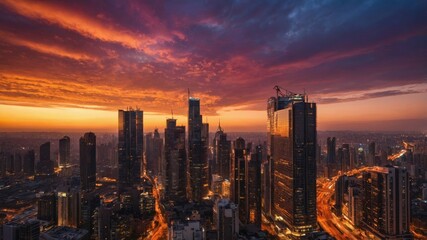 Fototapeta premium Aerial view of a bustling cityscape at sunset, showcasing dramatic skies, illuminated skyscrapers, and winding roads filled with lights. 