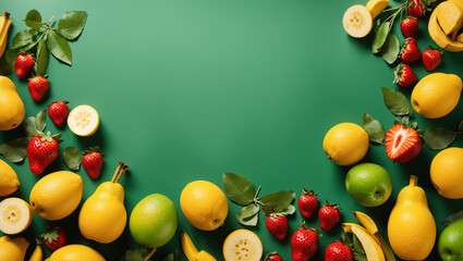 The image shows a green background with a frame of fruit, including pears, lemons, apples, strawberries, and guava