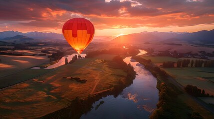 Obraz premium A hot air balloon ride over the beautiful New Zealand countryside at sunset, offering breathtaking views of mountains and rivers. nature against the backdrop of a setting sun, adventure spirit.