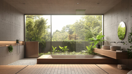 Fototapeta premium 3D rendering of a modern bathroom interior design with concrete walls and floor, wooden benches, and a big window view of a garden landscape