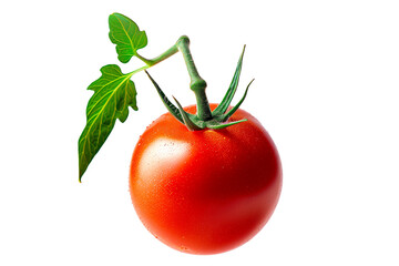 Flying red tomato with a green stem isolated on a white background.