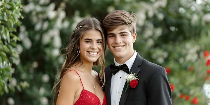 Portrait of a joyful high school prom couple before the party. Concept Outdoor Photoshoot, Formal Wear, Prom Couple, Joyful Portraits, Special Occasion