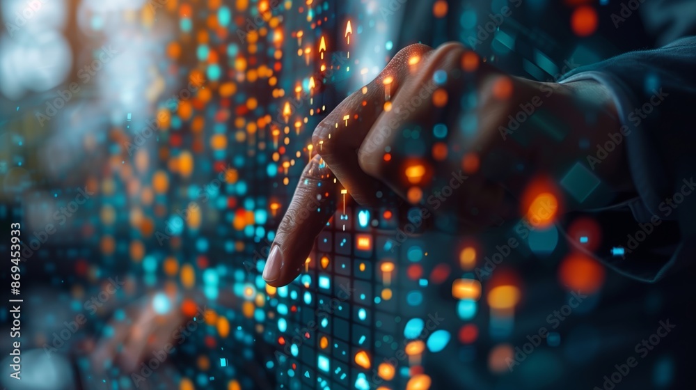Poster a fingertip interacting with a digital interface of data and light