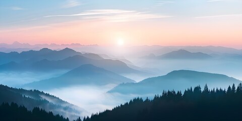 Fototapeta premium Scenic Sunrise Panoramic Landscape with Colorful Sky, Foggy Mountains, and Forest. Concept Nature Photography, Mountain Sunrise, Colorful Sky, Foggy Landscape, Scenic Forest